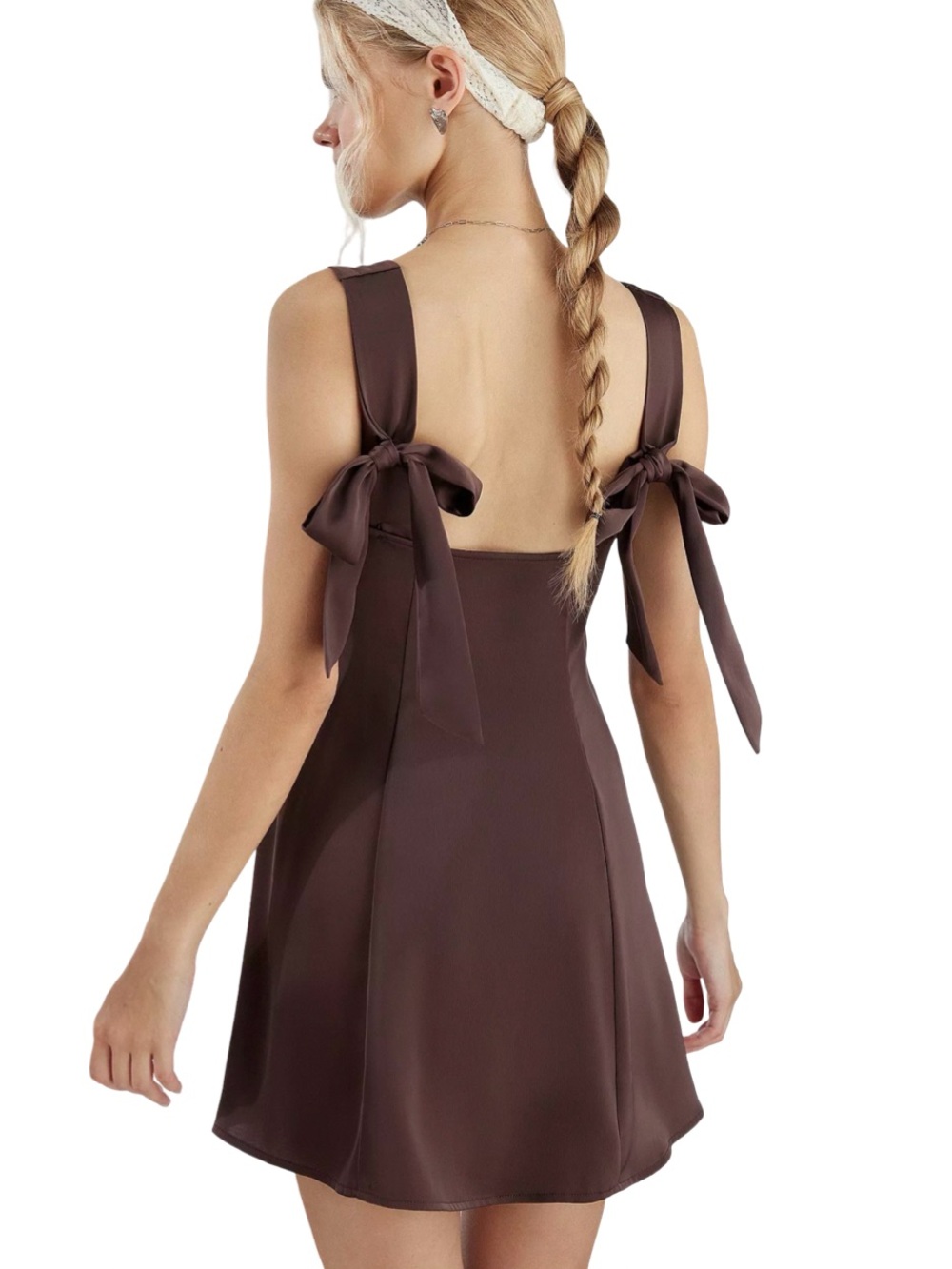 Urban Outfitters Brown Mini Dress Tie Strap A-Line Size Large - Picture 2 of 8